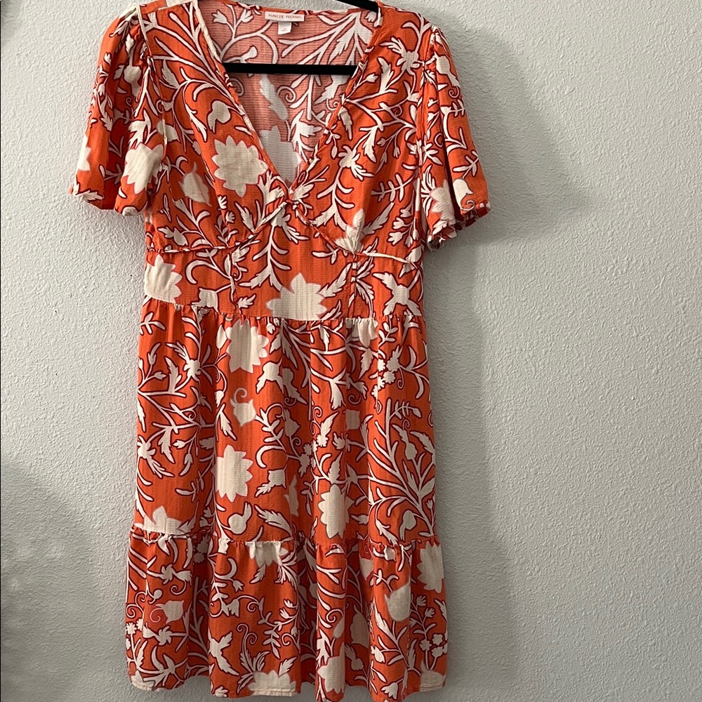 Knox Rose Orange Floral V-Neck Knee length Dress , Cream Print
100% Rayon
Sz M